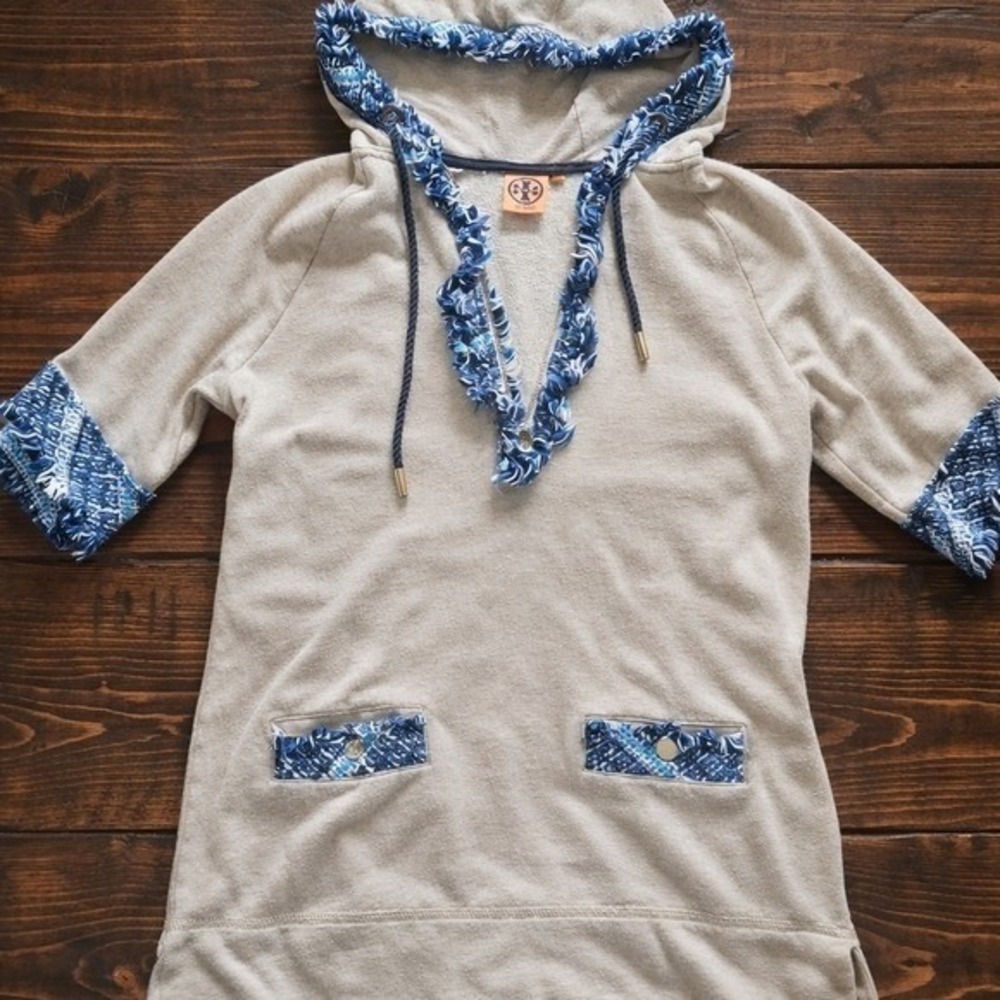 Tory Burch Hooded Tunic Dress Womens Small Oatmeal Blue Tweed Trim Short Sleeve